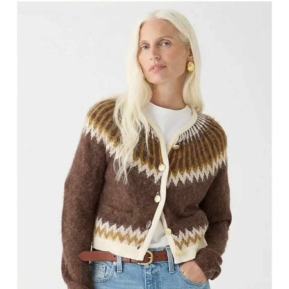 J.Crew Brown Fair Isle Alpaca Wool Blend Cropped Cardigan Gold Button BV354 XS